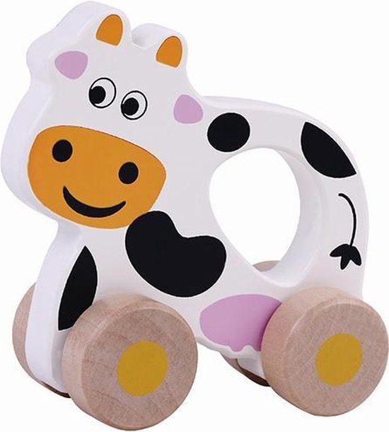 Houten koe op wielen grip van Merkloos