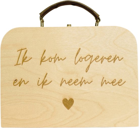 Houten Koffertje met Leren Sluiting – Gegraveerd ‘ik kom logeren en ik neem mee’ – Cadeau voor Speciale Gelegenheden
