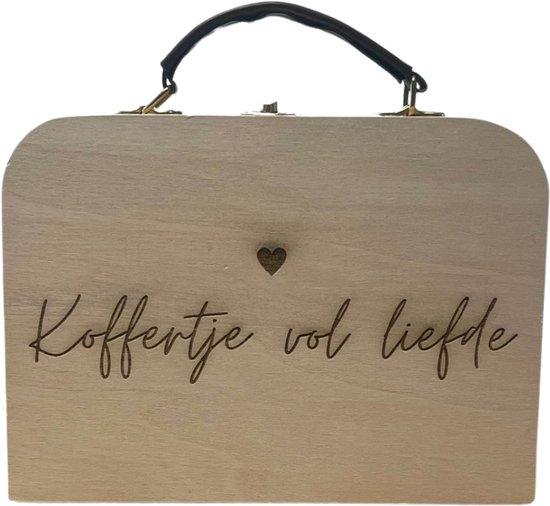Houten Koffertje met Leren Sluiting – Gegraveerd ‘Koffertje vol Liefde’ – Cadeau voor Speciale Gelegenheden van Pine & Ginger