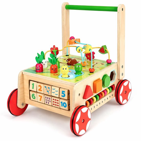 Houten Loopwagen Baby met Activiteitenkubus – Montessori Loopstoel & Educatief Speelgoed