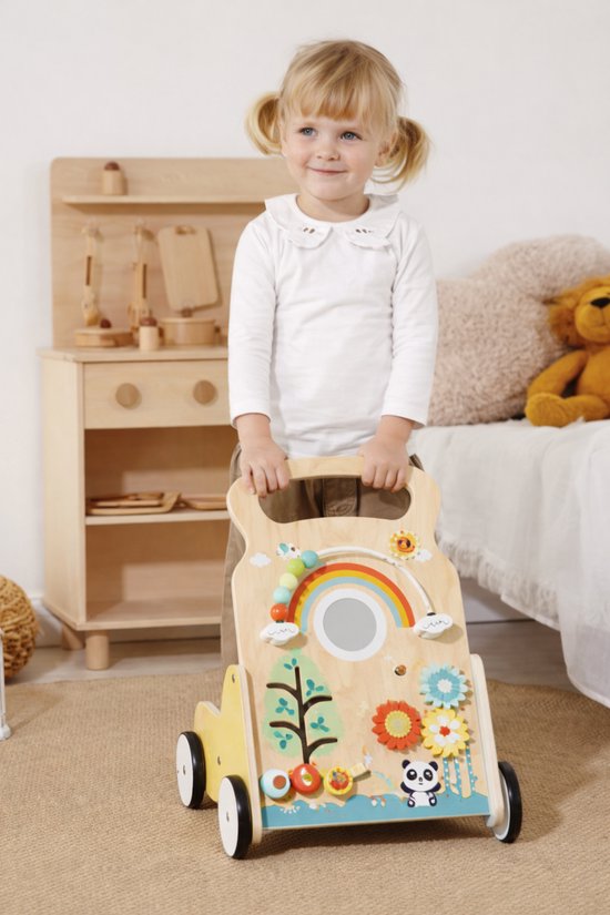 Houten Loopwagen met Activiteiten – Baby Walker & Loopkar – Motoriek Speelgoed met Kralen en Draai-elementen