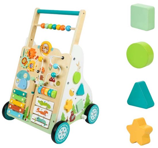 Houten loopwagen – Montessori houten loopspeelgoed – Multifunctioneel 9-in-1 activiteitenbord – Instelbare snelheid en hoogte – Geschikt voor baby's vanaf 1 jaar – Groen