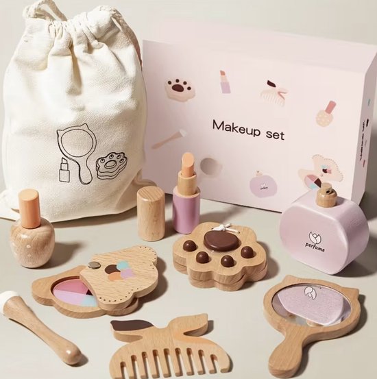 Houten Make-up Speelset – Kinder Make-up Set met Spiegel, Kam & Tas – Doe Alsof Speelgoed – Rollenspel voor Kinderen van Merkloos