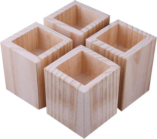 Houten meubelverhoger vierkant - verhoger voor tafel, bed en bank - grenen - 4 stuks - meubelpoten - olifantenpoot - 7 x 7 x 20 cm - houtkleur