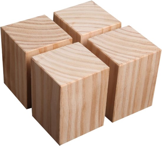 Houten Meubelverhogers - Bedverhogers - Meubels Verhogen - Stevig Massief Hout - 4x4x4 cm - Houtkleur