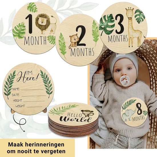 Houten mijlpaal kaarten - Mijlpaal kaart hout rond - 7- delig dubbelzijdige mijlpalen kaart - mijlpaal eerste 12 maanden - 12 maanden mijlpaal set - houten set mijlpaal kaarten - ronde mijlpaal kaarten set van Merkloos