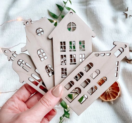 Houten Mini Huizen, Set van 5 Houten Huis Vormen,kerst huizen, DIY Huis Blank, DIY Huis Decoratie, kerst decoratie Hout Craft Supplies/ amsterdamse huizen/ suvenier/houten huisjes/ kerst huisjes/ christmas houses hangers/ kersthuizen hangers van Merkloos