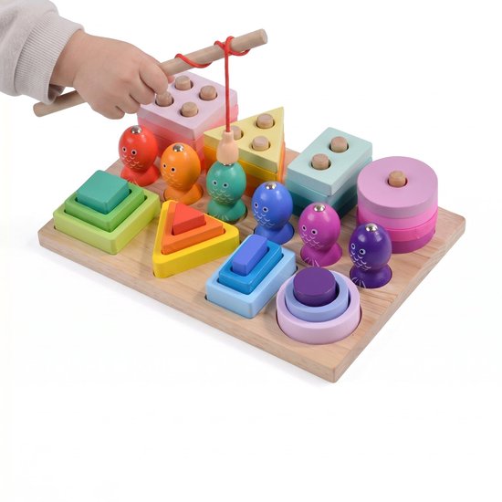 Houten Montessori Speelgoed 3-in-1 – Magnetisch Visspel, Vormen Sorteren en Stapelen – Reisspeelgoed – Educatief Peuterspeelgoed