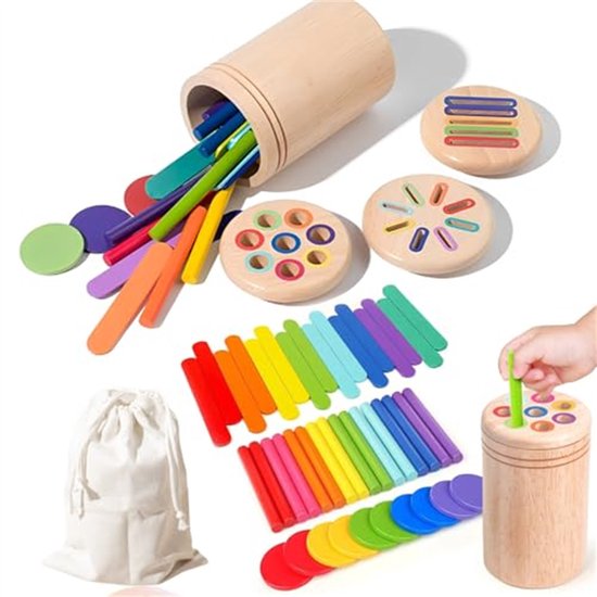 Houten Montessori-speelgoed voor baby's vanaf 1 jaar, 3-in-1 kleursorteeractiviteiten voor kleuters, sensorisch speelgoed voor de fijne motoriek van peuters van 1-5 jaar, verjaardagscadeaus voor jongens en meisjes, Stijl B van Japace