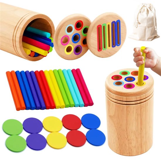Houten Montessori Speelgoed voor Peuters - 2 in1 Educatief Sensorisch Kleursorteerspeelgoed - Fijne Motoriek - Leeractiviteiten voor Kleuters - Babyspeelgoed - Cadeaus voor Kinderen van 2-5 jaar