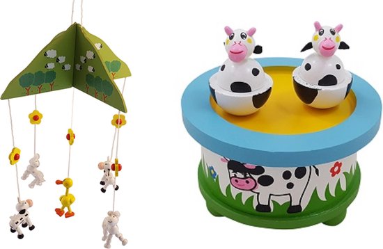 Houten muziekdoos Koe en mobiel boerderijdieren U krijgt 2 artikelen geleverd voor de prijs van 1 van Houten