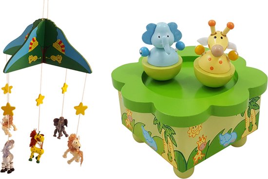 Houten muziekdoos Olifant/Giraffe en mobiel jungle U krijgt 2 artikelen geleverd voor de prijs van 1 van Jollein