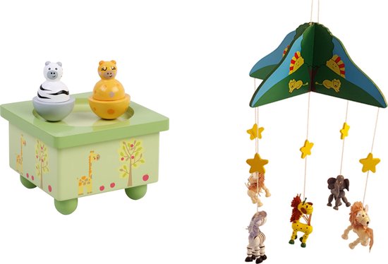 Houten muziekdoos Zebra /Giraffe en mobiel jungle U krijgt 2 artikelen geleverd voor de prijs van 1 van Houten