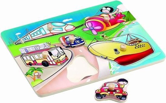 Houten noppen puzzel voertuigen 6 delig van Houten