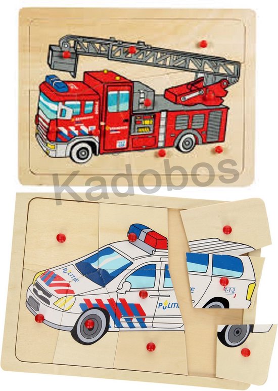 Houten noppenpuzzel 2x - Brandweer en Politie - 9 pcs per puzzel van Houten