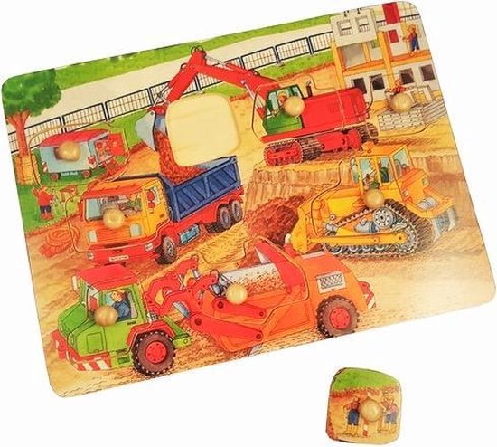 Houten noppenpuzzel bouw werkvoertuigen van Houten