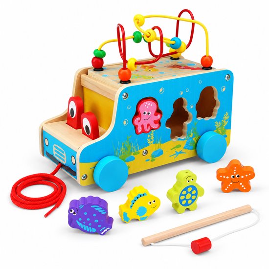 Houten Oceaan Trekauto Baby Speelgoed – Montessori Activiteitenspeelgoed met Kralenbaan, Vormenstoof, Rijgfiguren en Opbergfunctie – vanaf 18 Maanden