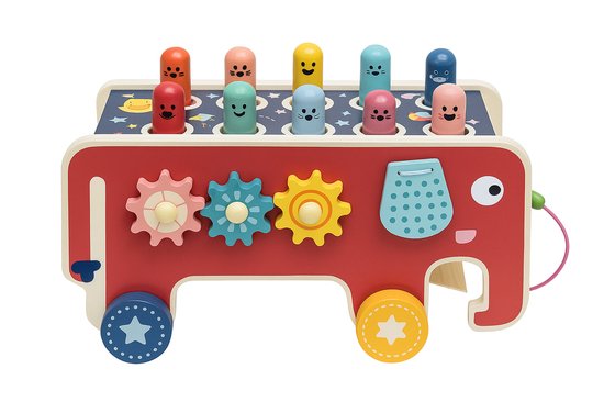 Houten Olifant Karretje – Educatief Muziek- en Motoriek Speelgoed (18 maanden+) – Whack-a-mole, Xylofoon & Trekkoord