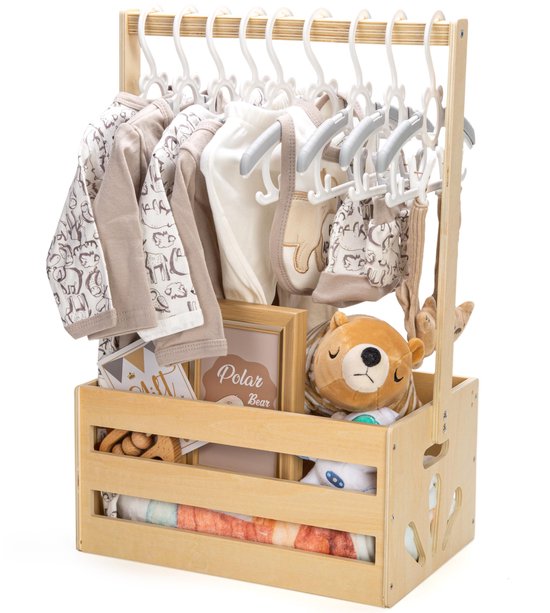 Houten opbergkrat voor baby - Babykamer krat met handvat - Opbergmand voor baby shower cadeaus en newborn spullen - Welkomstcadeau voor nieuwe ouders (exclusief hangers) van Merkloos
