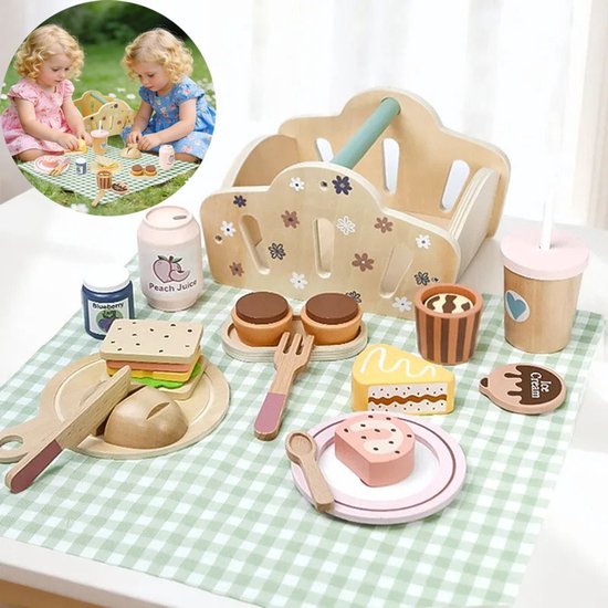 Houten Picknickspeelset Voor Peuters Met Draagmand En Speelgoedvoedsel – 25+ Stuks Levensechte Groenten, Fruit En Taarten, Montessori-keukenaccessoires Voor Rollenspel, Verjaardagscadeau Voor Jongens En Meisjes