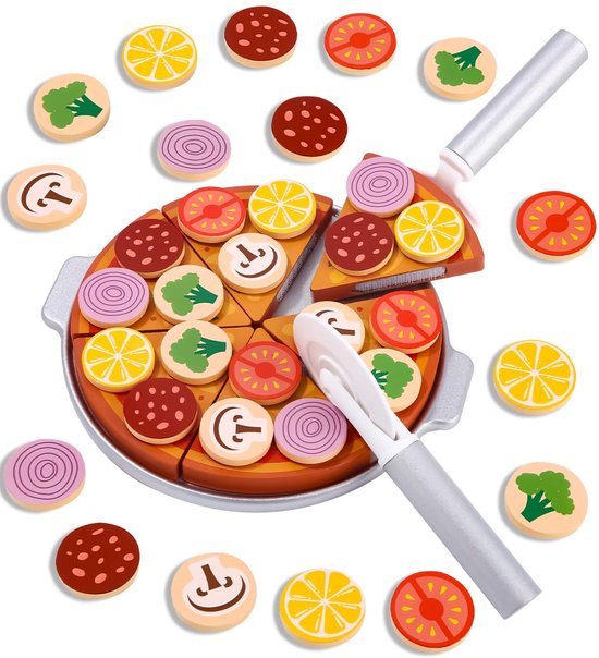 Houten pizzaset, kinderkeukenaccessoires, houten pizza voor kinderen, speelgoedvoedsel voor winkelaccessoires, hout met snijplank, pizzasnijder, educatief speelgoed, cadeau van Melissa & Doug