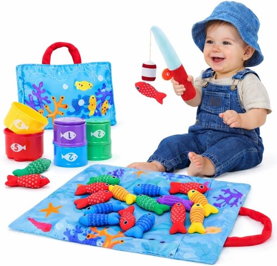Houten & Pluche Visspel voor Peuters - Montessori Hengelspel met Stapelbekers - Educatief Speelgoed - Baby 12-18 Maanden & 1-3 Jaar - Cadeau - Kleurrijk van Merkloos