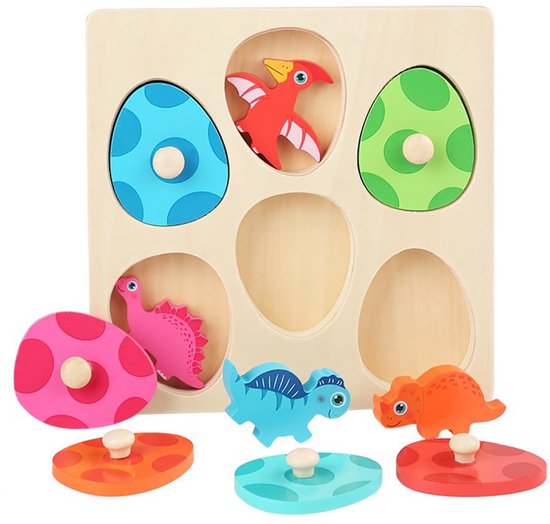 Houten Puzzel Dino Eieren | Montessori Speelgoed met Knopjes | Kleuren Matchen & Fijne Motoriek | Sensorisch Leerspeelgoed | Cadeau voor Jongens en Meisjes 1 2 Jaar van Merkloos
