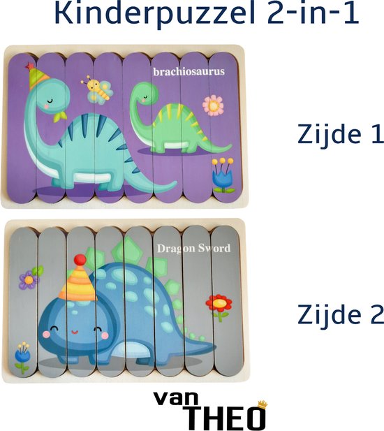 Houten Puzzel - Dubbelzijdige Kinderpuzzels - Set 2-in-1 - Montessori Speelgoed - Set Dinosaurussen van Houten