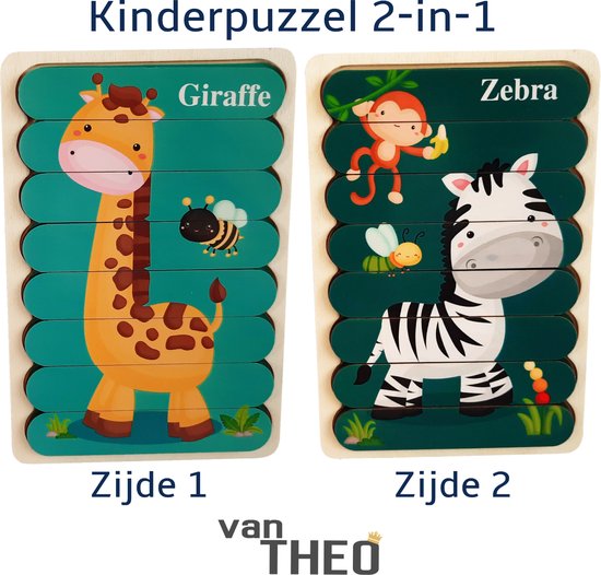 Houten Puzzel - Dubbelzijdige Kinderpuzzels - Set 2-in-1 - Montessori Speelgoed - Set Giraf en Zebra van Houten
