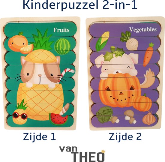 Houten Puzzel - Dubbelzijdige Kinderpuzzels - Set 2-in-1 - Montessori Speelgoed - Set Kat en Hond - Groenten en Fruit van Houten
