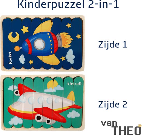 Houten Puzzel - Dubbelzijdige Kinderpuzzels - Set 2-in-1 - Montessori Speelgoed - Set Raket en Vliegtuig van Little Dutch