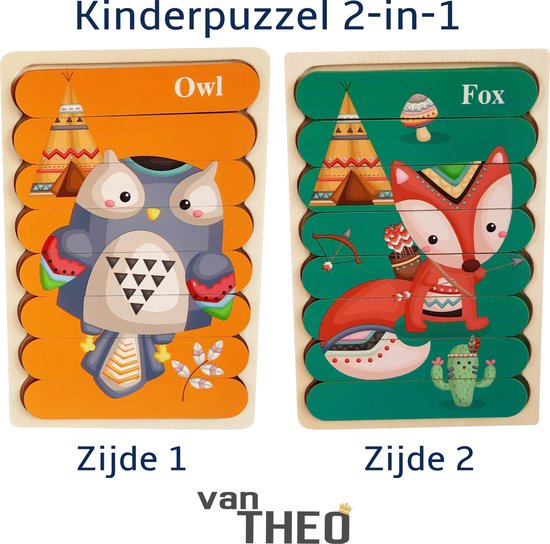 Houten Puzzel - Dubbelzijdige Kinderpuzzels - Set 2-in-1 - Montessori Speelgoed - Set Vos en Uil van Topbright