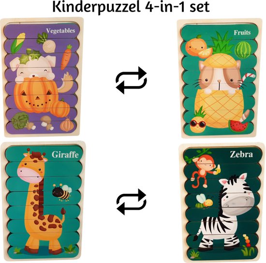 Houten Puzzel - Dubbelzijdige Kinderpuzzels - Set 4-in-1 - Montessori Speelgoed - Set Dieren 2 van CtoCoon