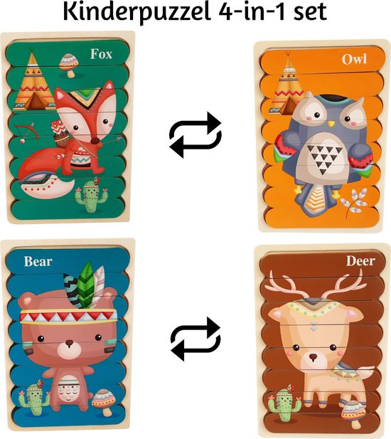 Houten Puzzel - Dubbelzijdige Kinderpuzzels - Set 4-in-1 - Montessori Speelgoed - Set Dieren van Houten