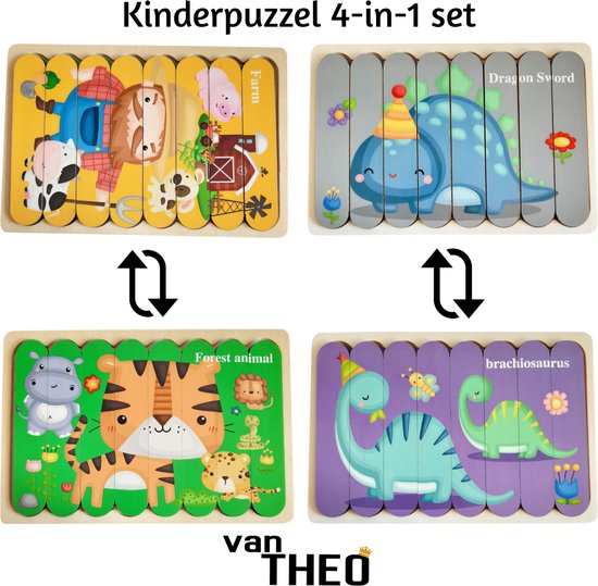 Houten Puzzel - Dubbelzijdige Kinderpuzzels - Set 4-in-1 - Montessori Speelgoed - Set Jungle en Dino's van Houten
