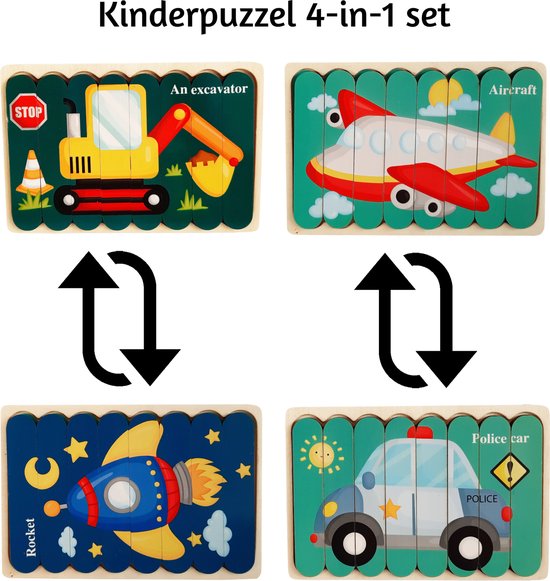 Houten Puzzel - Dubbelzijdige Kinderpuzzels - Set 4-in-1 - Montessori Speelgoed - Set Voertuigen van ToyFelix