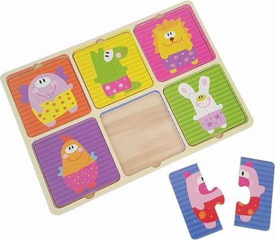 Houten puzzel peuter 6x2 stukken in frame dieren van Houten