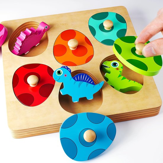 Houten Puzzel Speelgoed voor Kinderen vanaf 1 Jaar - Dino Ei Sorteer- en Grijpspel | Ontwikkel Fijne Motoriek & Logisch Denken | Educatief Montessori Cadeau voor Jongens en Meisjes van Mamabrum