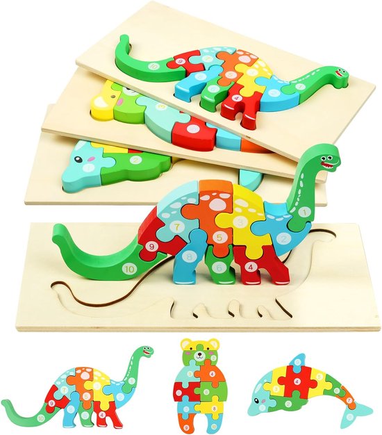 Houten Puzzels, 3 Stuks 3D Dierenpuzzel Speelgoed Baby's Games, Vormnummerpuzzel Jigsaw Set, Houten Legpuzzels voor Peuters,cadeau, educatief speelgoed, voor kinderen van 1-3 jaar (Dolfijn) van WYSWYG