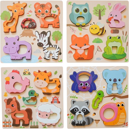 Houten Puzzelset 4 stuks voor Kinderen - Best4Juniors Educatieve 3D Inlegpuzzels 8x8 cm - Houten Speelgoed Cadeau - Dieren, het perfecte cadeau voor verjaardagen, babyshowers en kerst van Merkloos