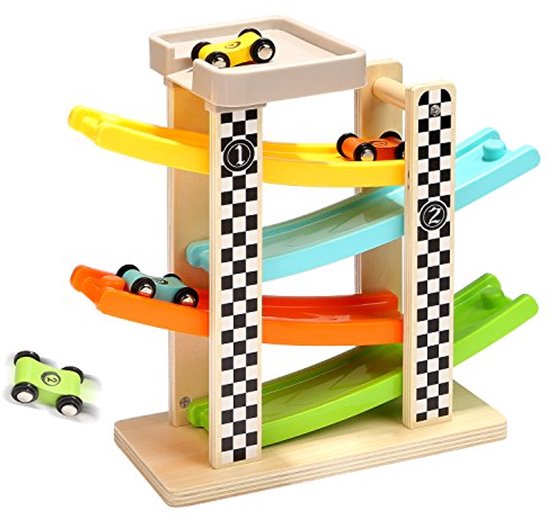 Houten racebaan auto ramp speelgoed voor peuters - 1-2 jaar oude baby's, motoriek, racebanen, auto ramp voertuigen, speelsets - met 4 mini-auto's van Merkloos