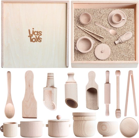 Houten Sensory Speelbak met accessories - 45x45 cm - Speelbak met deksel - Houten Bak - Sensory Play - Open einde spel - Montessori Speelgoed van Merkloos