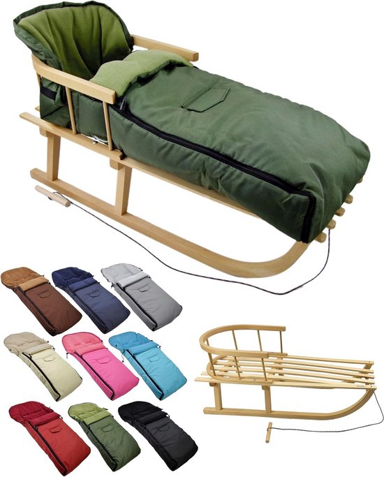 Houten slee 90cm met rugleuning inclusief warm wintervoetenzak van Merkloos