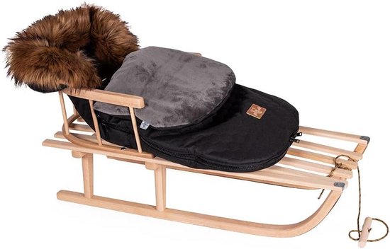 Houten slee - Kinderslee met voetenzak - Winterpret beleven - Afneembare rugleuning - 48x90 cm - Zwart bruin