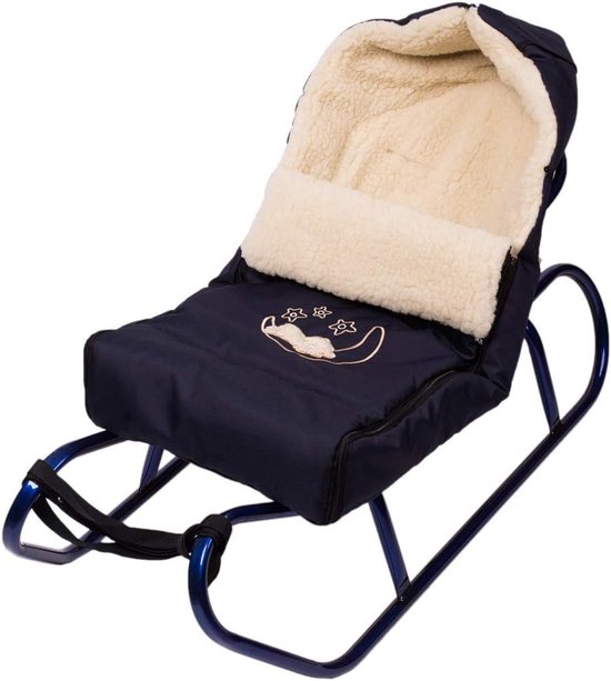Houten slee met voetenzak - Kinder slee - Winterpret - Inclusief rugleuning - 90 cm lang - Donkerblauw