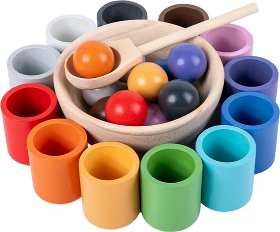 Houten sorteerspel - Kleuren en vormen - 12 bakjes - 12 balletjes - Open einde speelgoed - Educatief montessori speelgoed - Grapat en Grimms style