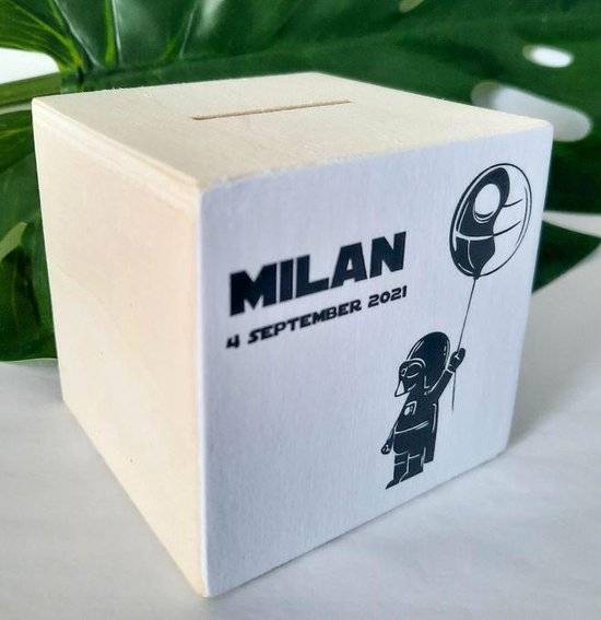 Houten spaarpot - Mini Vader - Jongen - Meisje - Zwart - Wit - Kraamcadeau - Ballon - Hout - SVP NAAM EN GEBOORTEDATUM DOORGEVEN PER E-MAIL van PletterWoodWorks