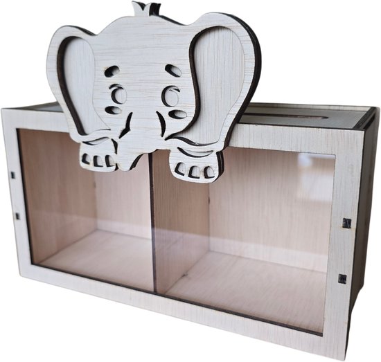 Houten Spaarpot Tweeling met Olifant - Dubbele Spaarpot met 2 Vakken [Kraamcadeau Tweeling] - [Baby Spaarpot Hout] van Houten