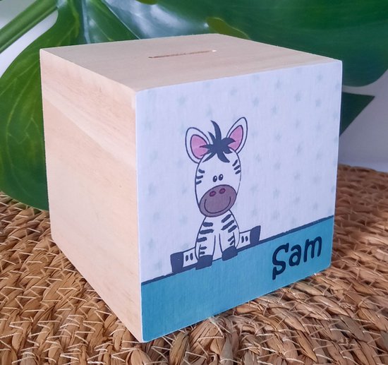 Houten spaarpot - Zebra - Jungle - Safari - Dieren - Sterren - Jongen - Baby - Blauw - Groen - Kraamcadeau - Hout - SVP NAAM DOORGEVEN PER E-MAIL van SVP