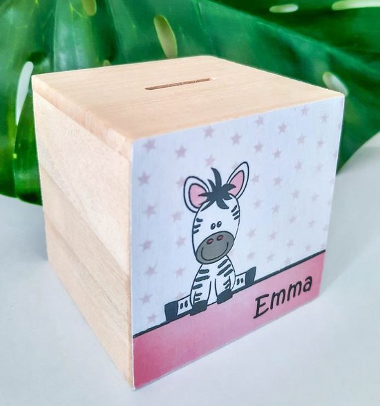Houten spaarpot - Zebra - Jungle - Safari - Dieren - Sterren - Meisje - Baby - Roze - Kraamcadeau - Hout - SVP NAAM DOORGEVEN PER E-MAIL van Houten